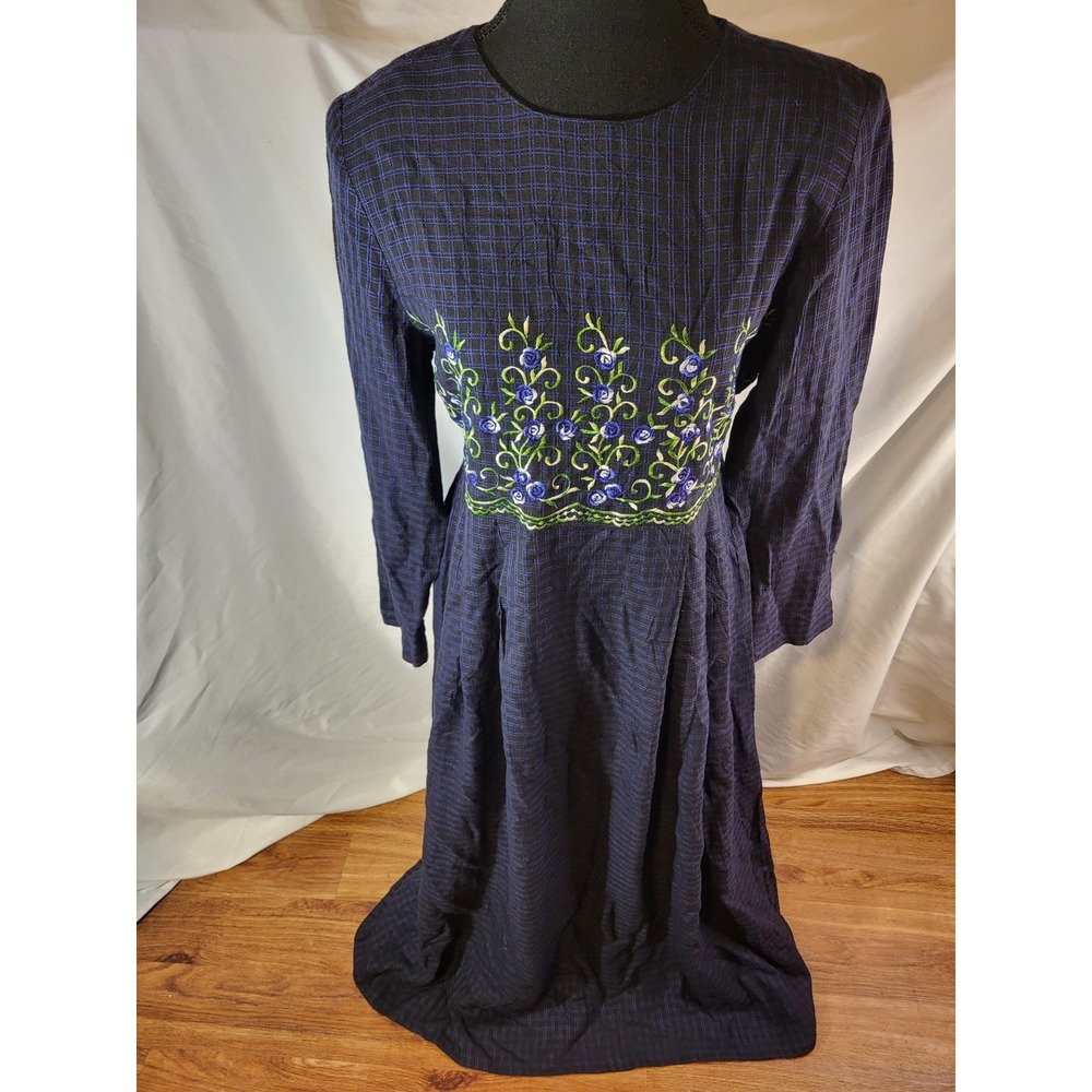 VTG SARAH ELIZABETH 8 Blue Black Check Embroidered Embroidered Maxi Dress Modest